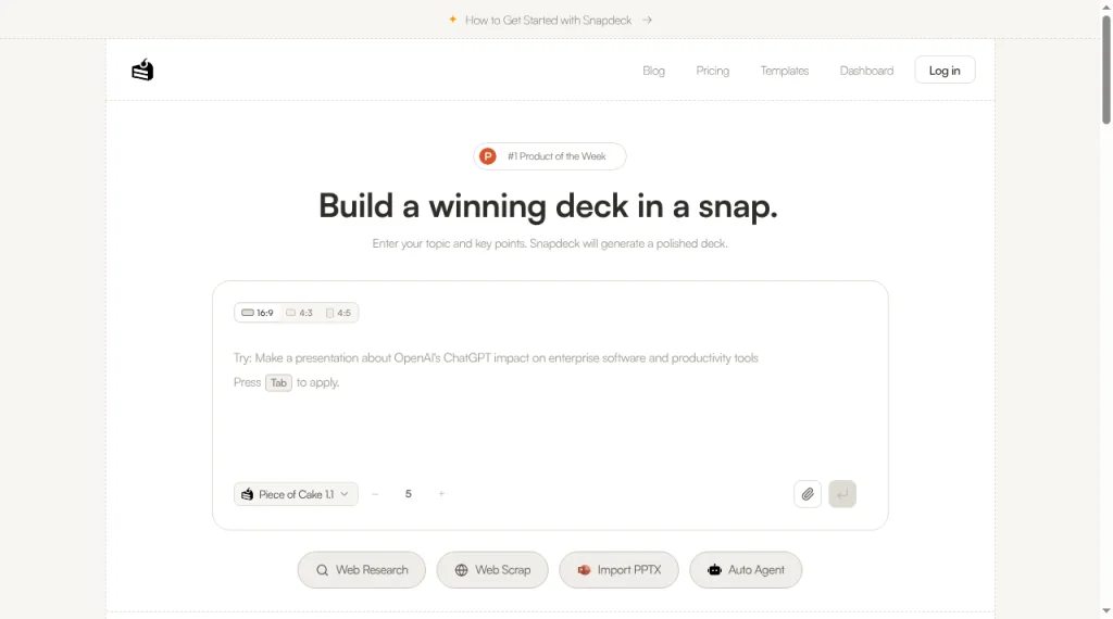 Snapdeck 홈: 프롬프트, 비율, Import PPTX