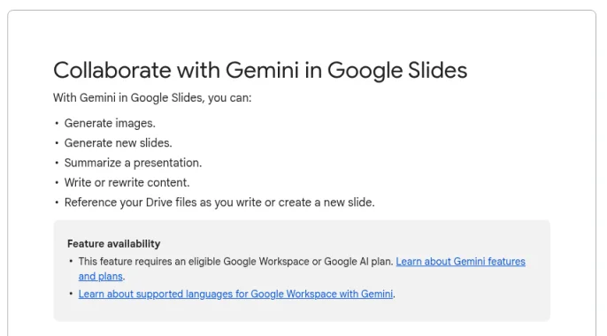 Google 도움말: Slides의 Gemini 사이드 패널로 할 수 있는 일