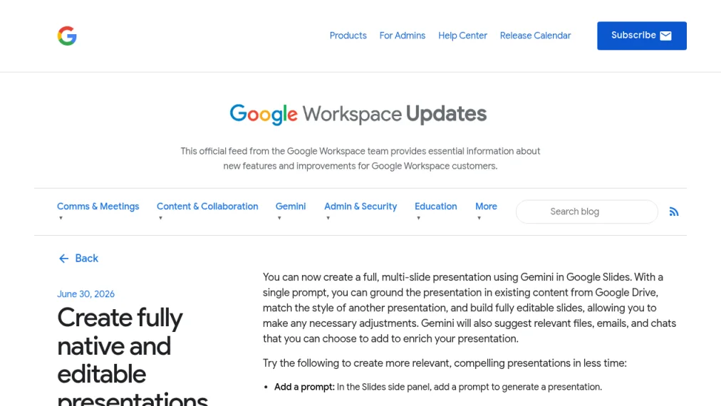 Google Workspace Updates의 Gemini 프레젠테이션 생성 출시 공지