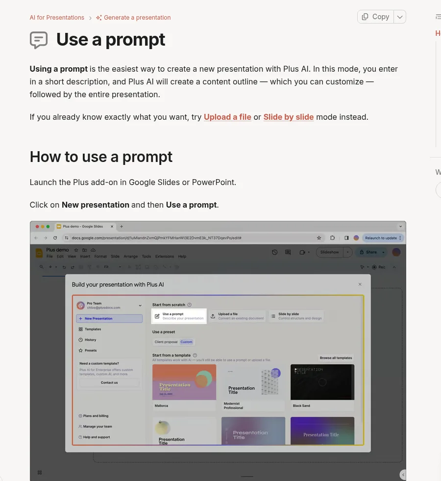 Plus AI guide: New presentation with Use a prompt, Upload a file, Slide by slide