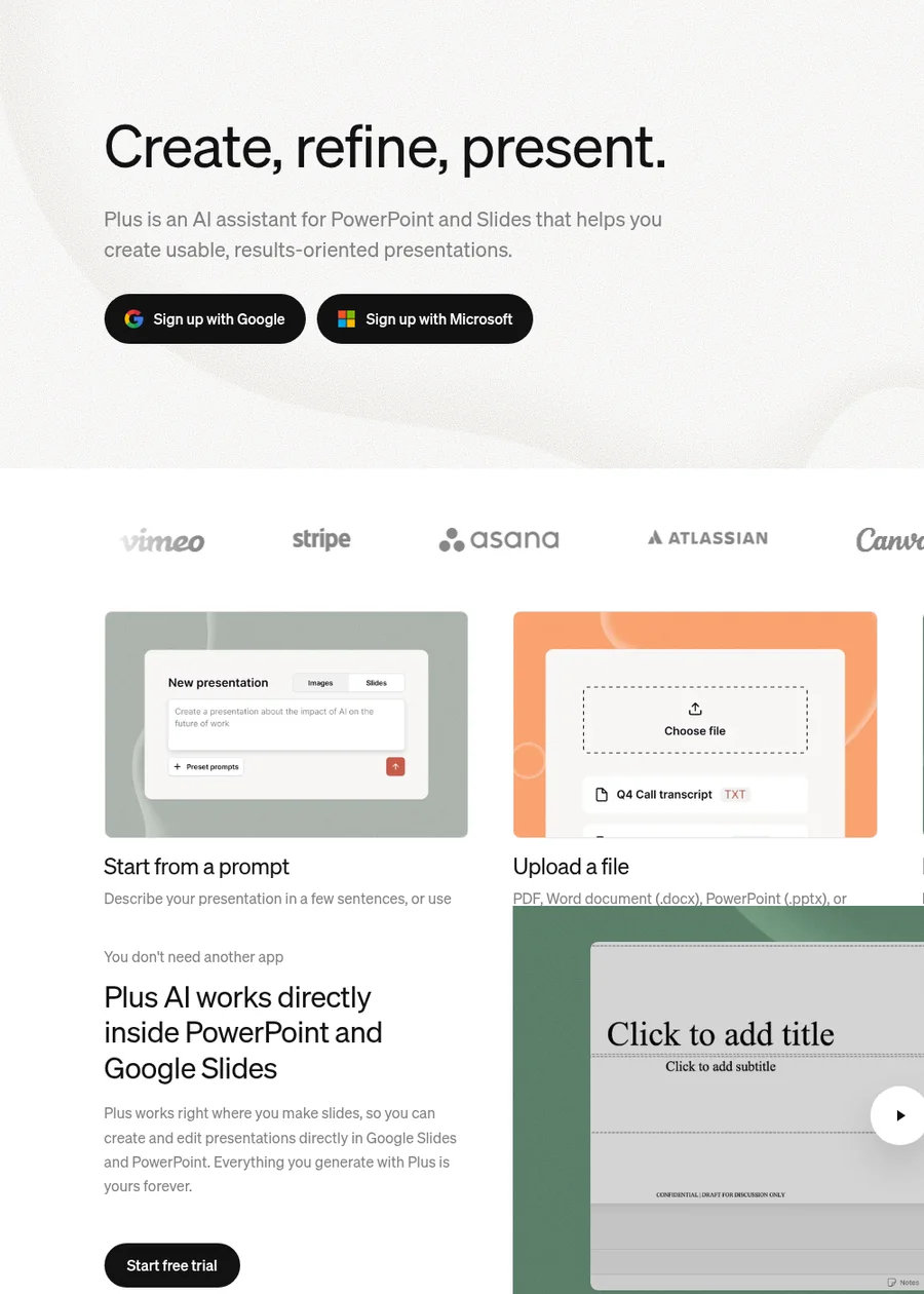 Plus AI homepage: works inside PowerPoint and Google Slides