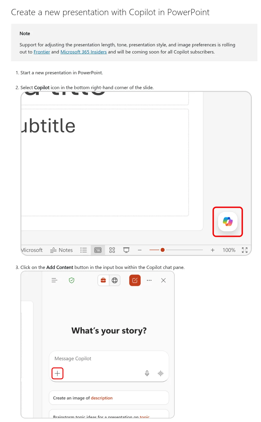Microsoft help: Copilot icon, Add Content, Agent Mode, and the rollout note