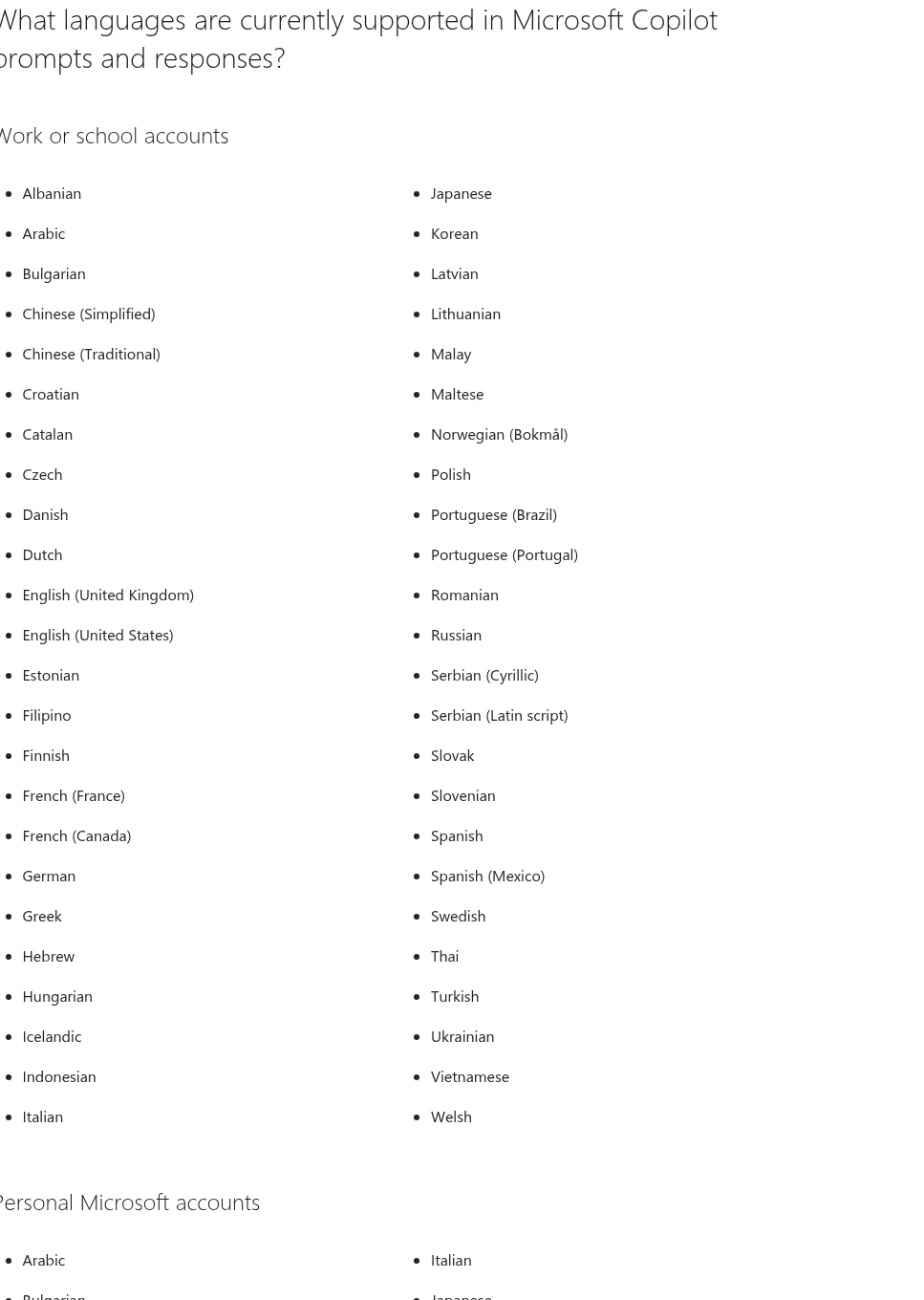 Microsoft supported languages page: Korean in the work or school accounts list