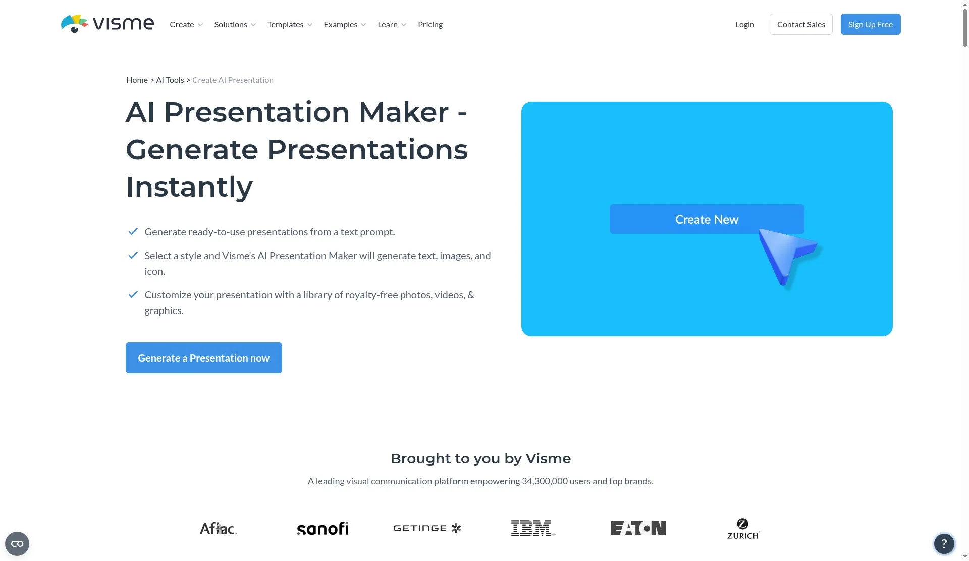 Visme AI Presentation Maker: generate slides from a prompt