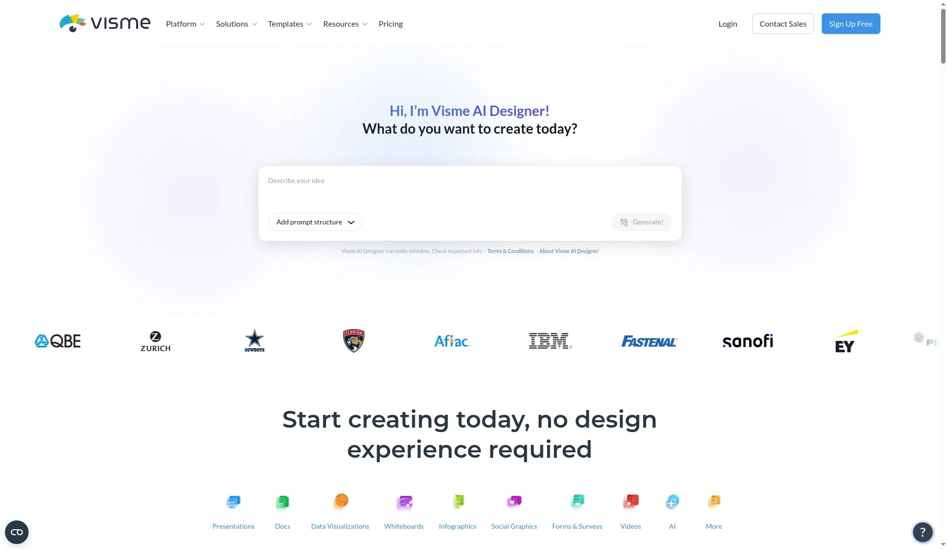 Visme home: all-in-one pitch for presentations, documents, data viz, and more