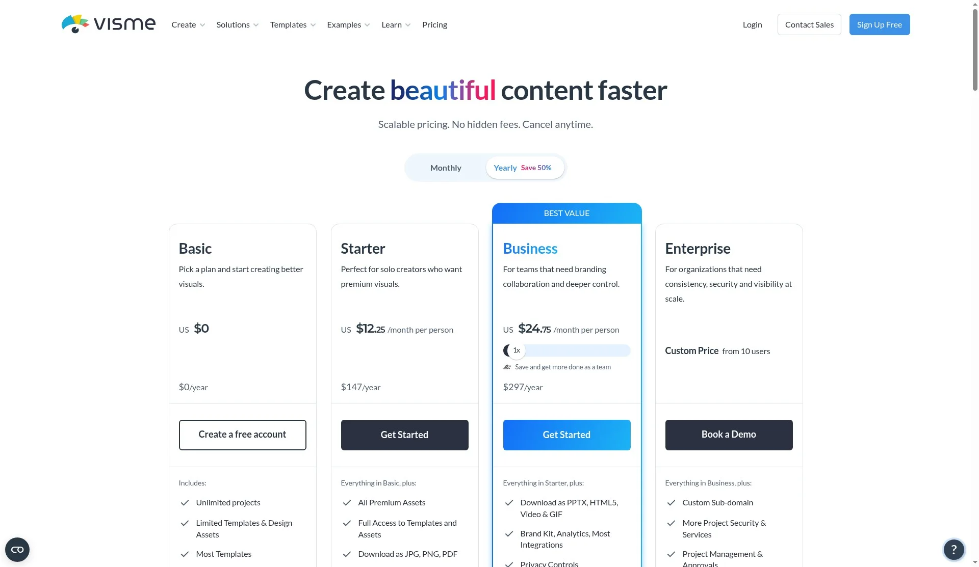 Visme pricing: Basic, Starter, Business, Enterprise